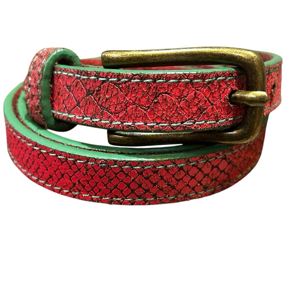 Liebeskind Berlin Coral Green Snake Embossed Leather Belt Brass Gold Buckle